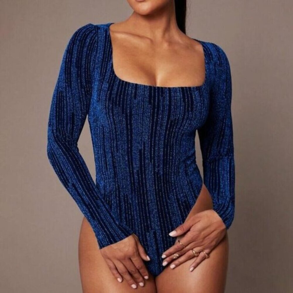 Shimmering Long-Sleeve Square-Neck Bodysuit In Sparkling Blue Stretch Fabric For